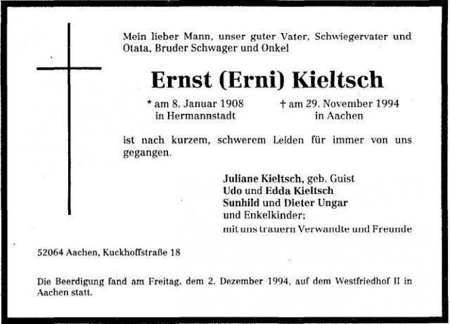 Kieltsch Ernst 1908-1994 Todesanzeige